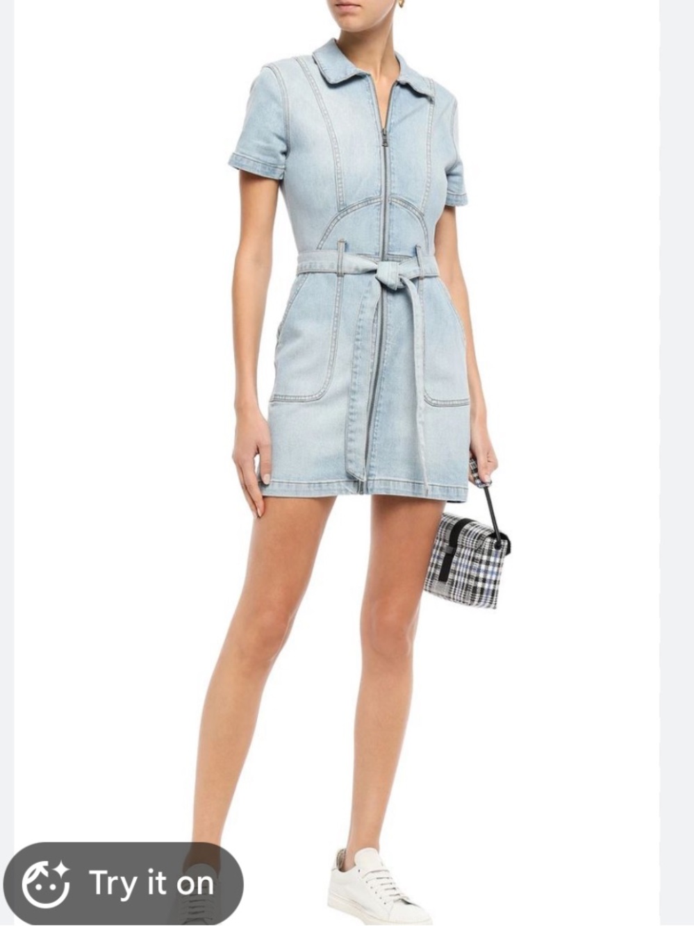 Light Blue Denim Zip-Front Dress with Belt